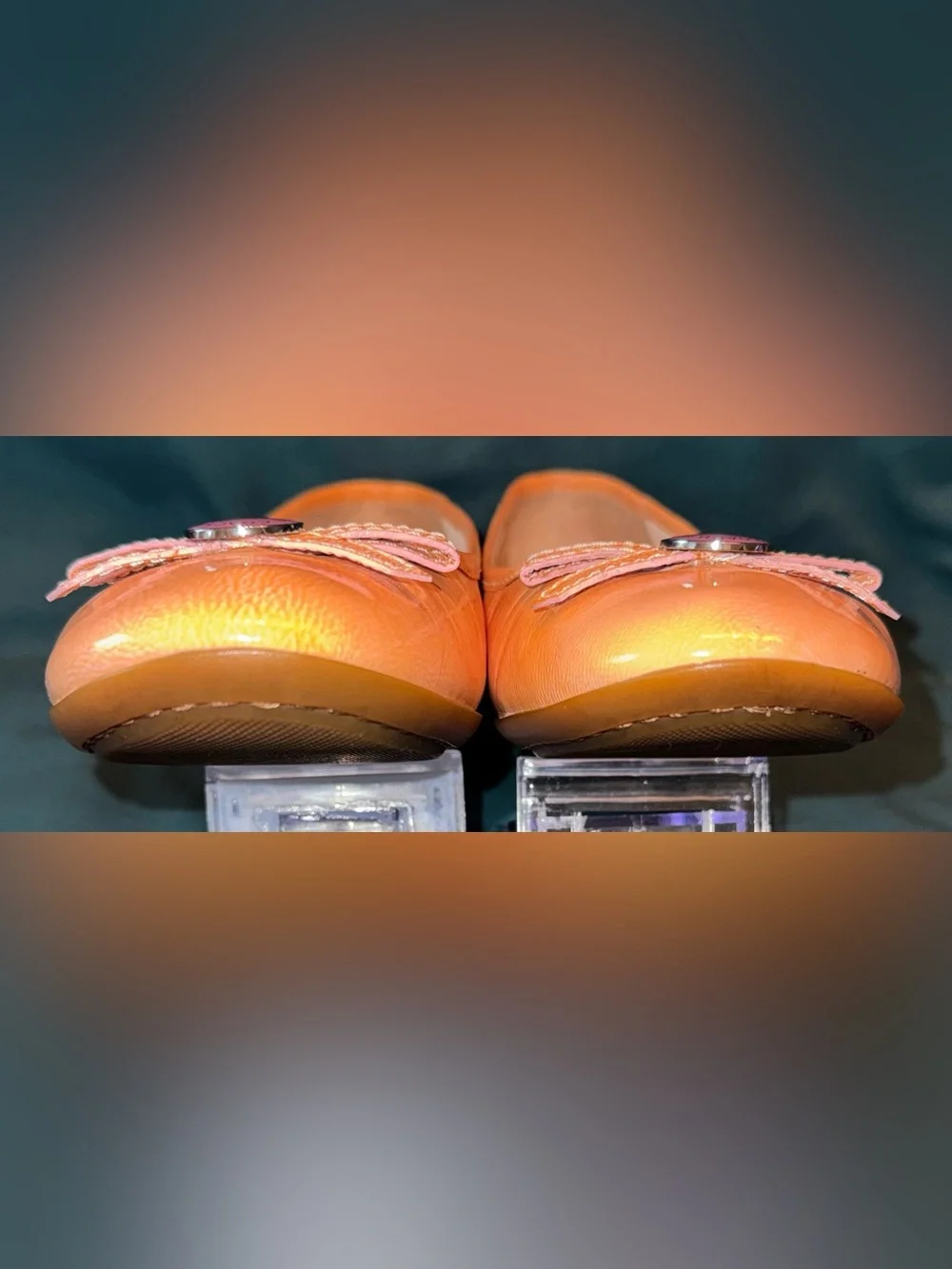 Coach Tan Leather Ballet Flats with Purple Button Detail